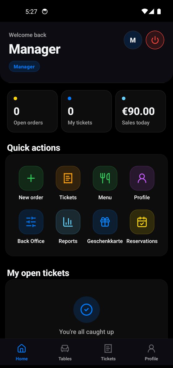 KassenSoft Cloud App · Startbildschirm mit Schnellaktionen und Tagesumsatz